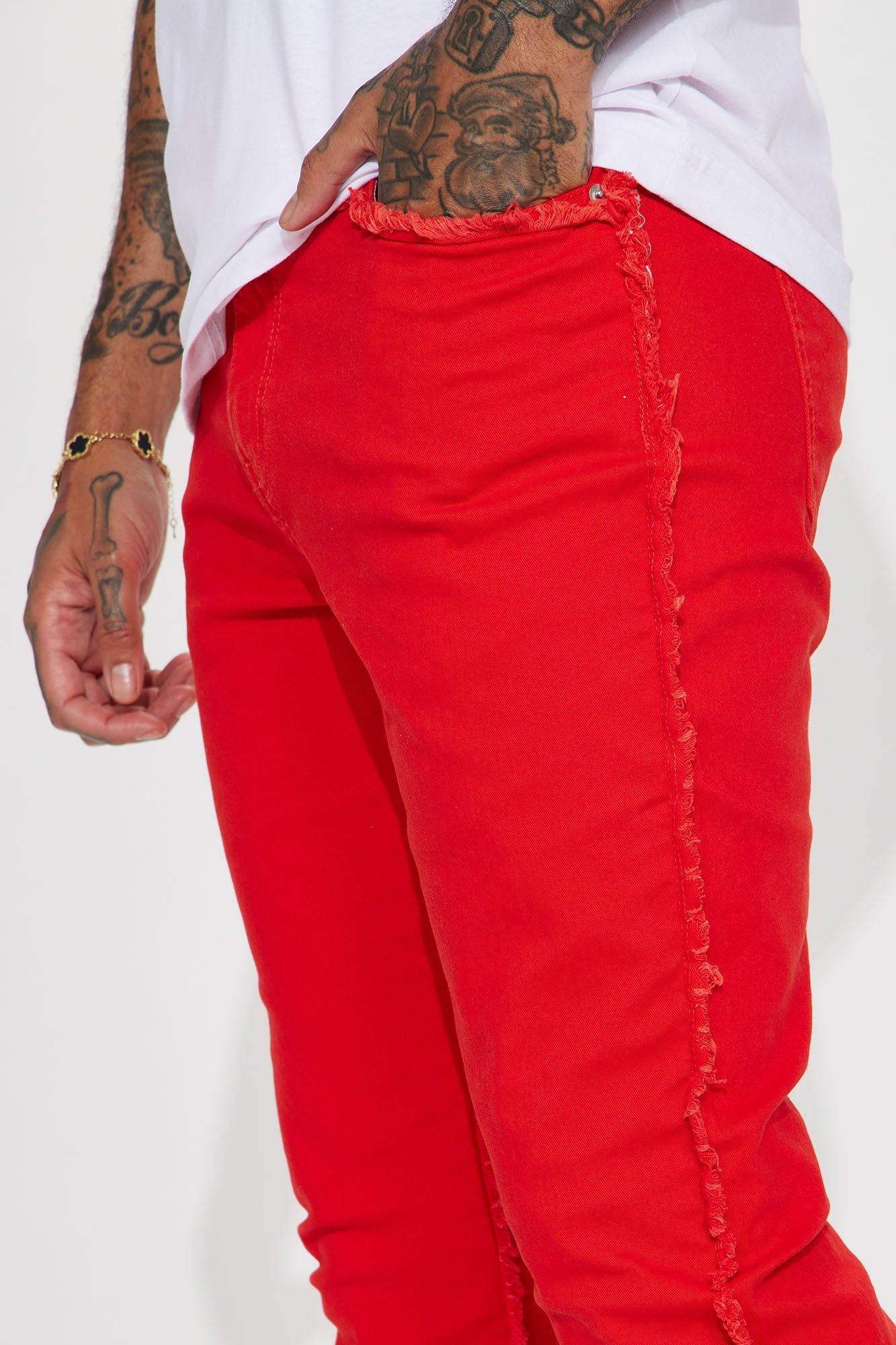 Good Life Frayed Stacked Skinny Flare Pants - Red sold by Fashion Nova product image thumbnail 4
