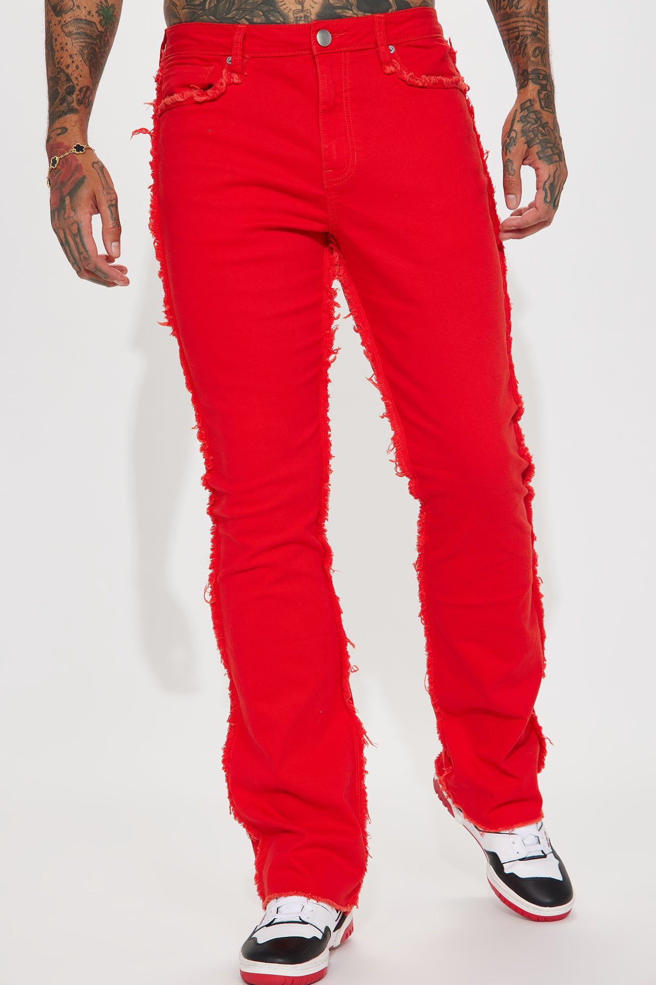 Good Life Frayed Stacked Skinny Flare Pants - Red sold by Fashion Nova product image thumbnail 5