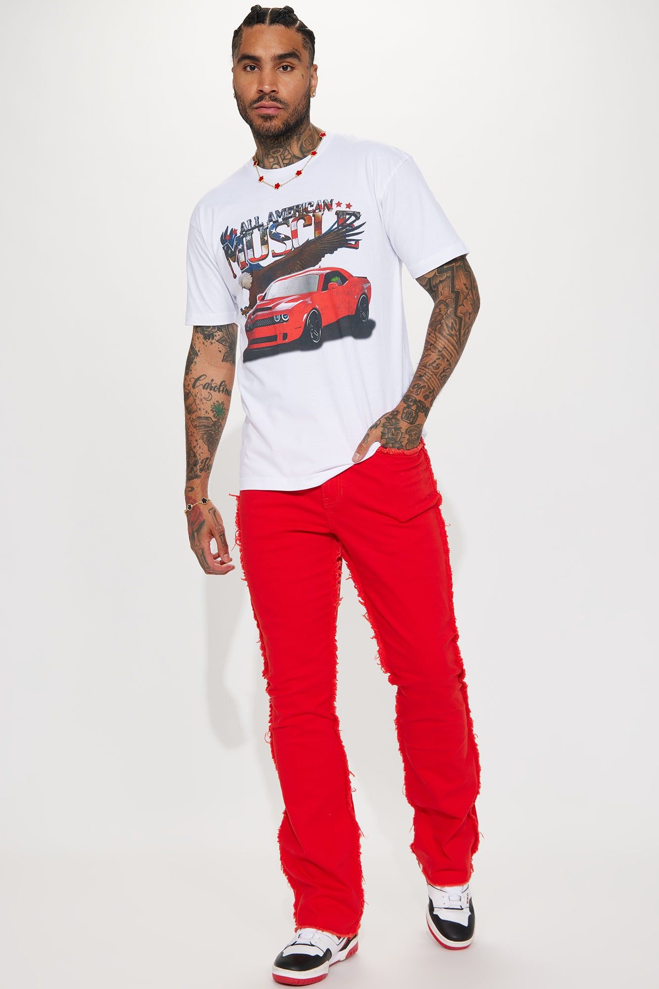 Good Life Frayed Stacked Skinny Flare Pants - Red sold by Fashion Nova product image thumbnail 3
