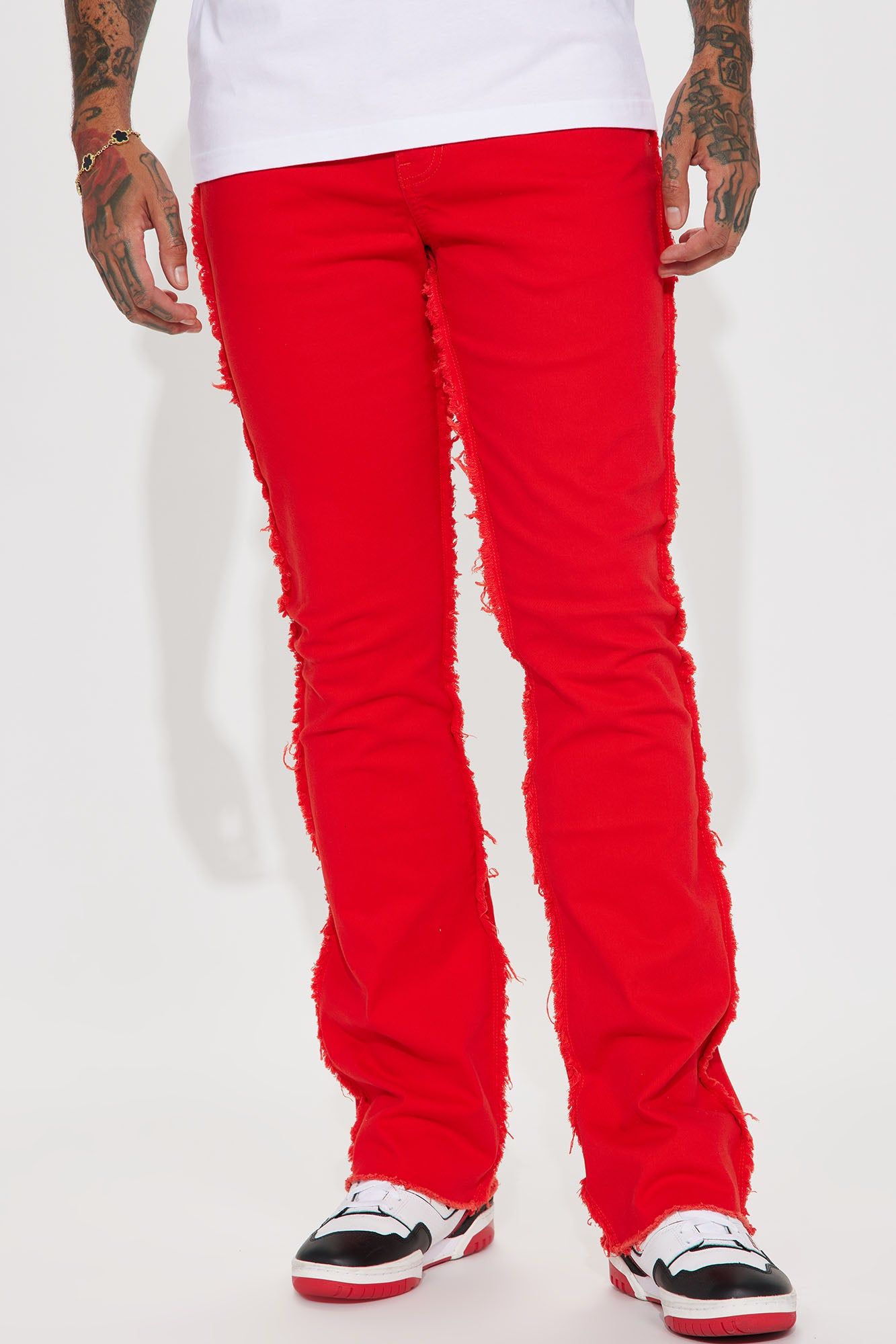 Good Life Frayed Stacked Skinny Flare Pants - Red sold by Fashion Nova