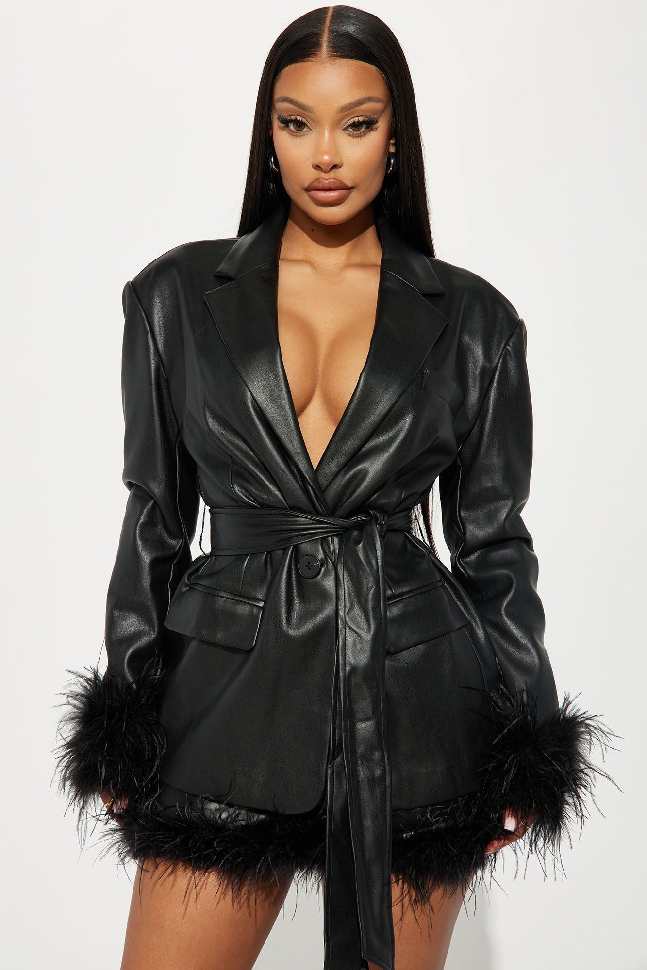 Ruffling Feathers Faux Leather Blazer - Black sold by Fashion Nova