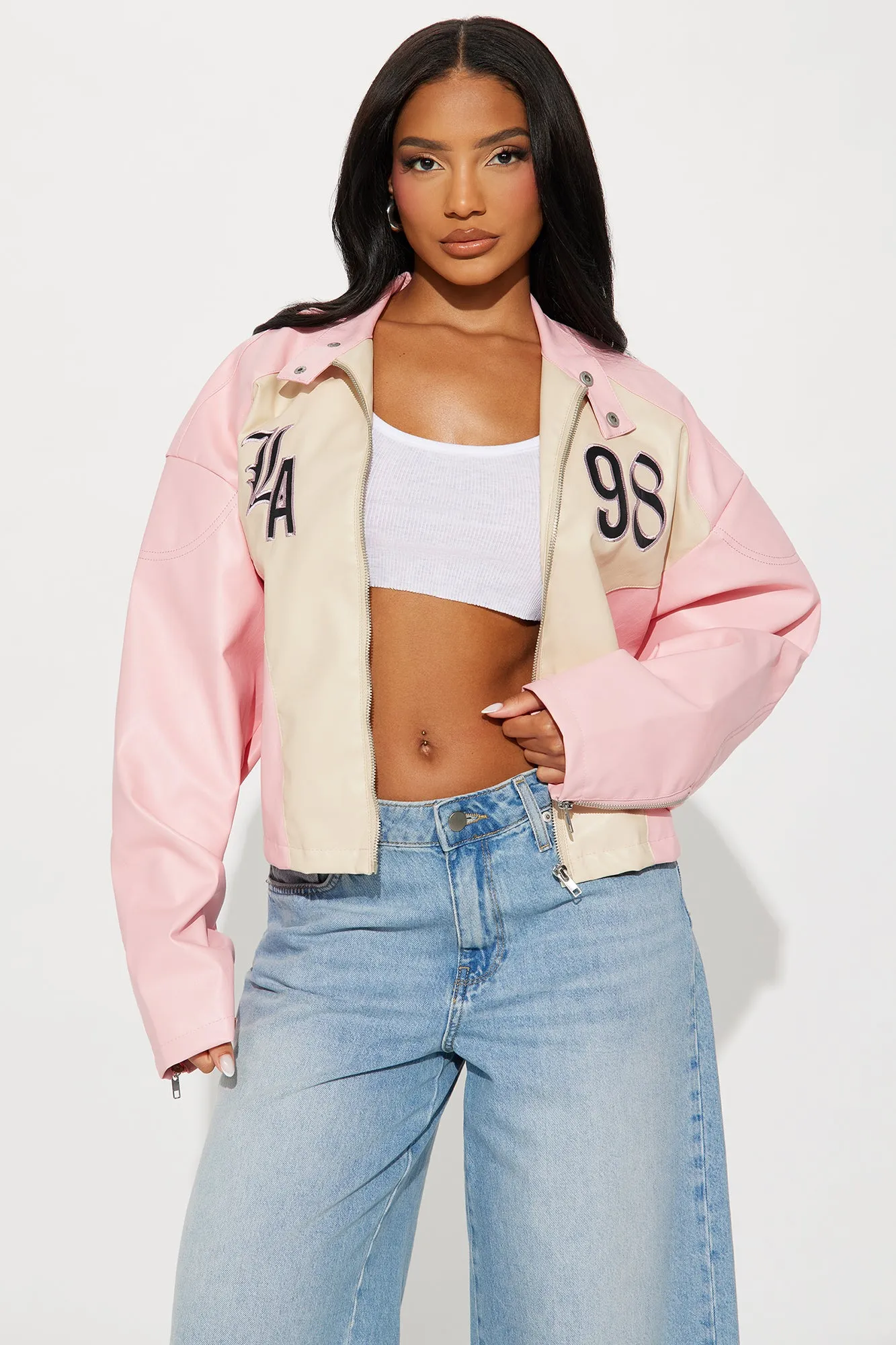 LA Official Faux Leather Moto Jacket - Pink/combo sold by Fashion Nova