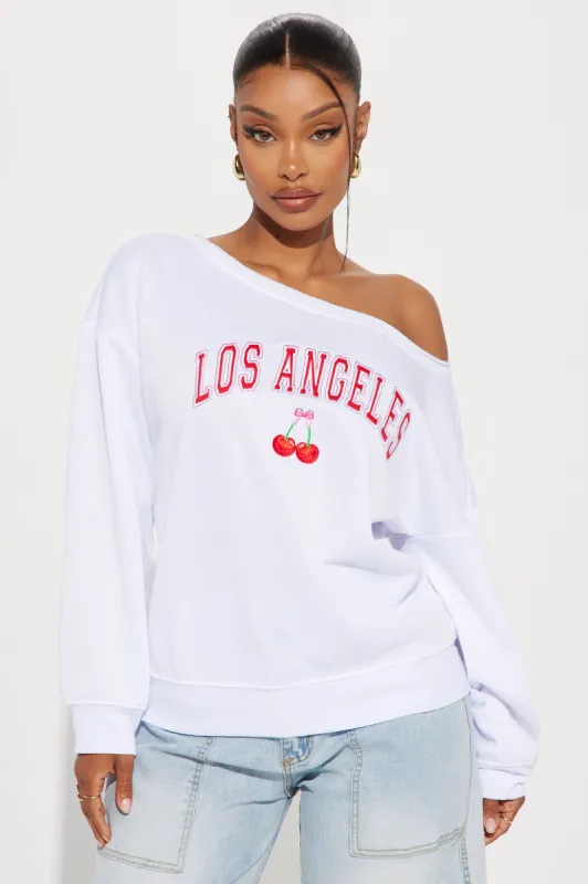 LA Cherry Bombshells Off Shoulder Sweatshirt - White sold by Fashion Nova