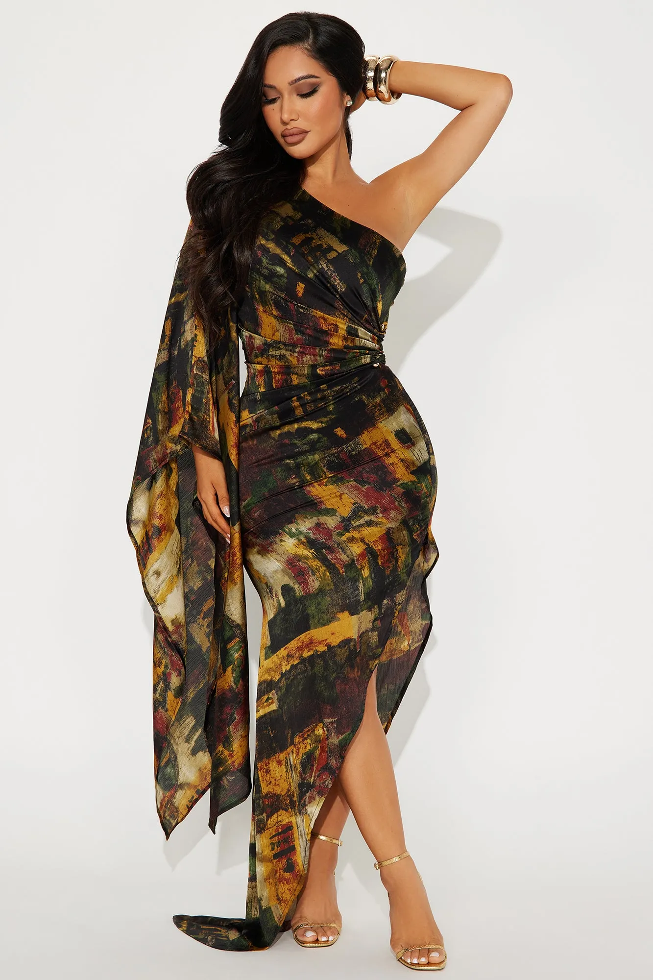 Mia Asymmetrical Maxi Dress - Black/combo sold by Fashion Nova