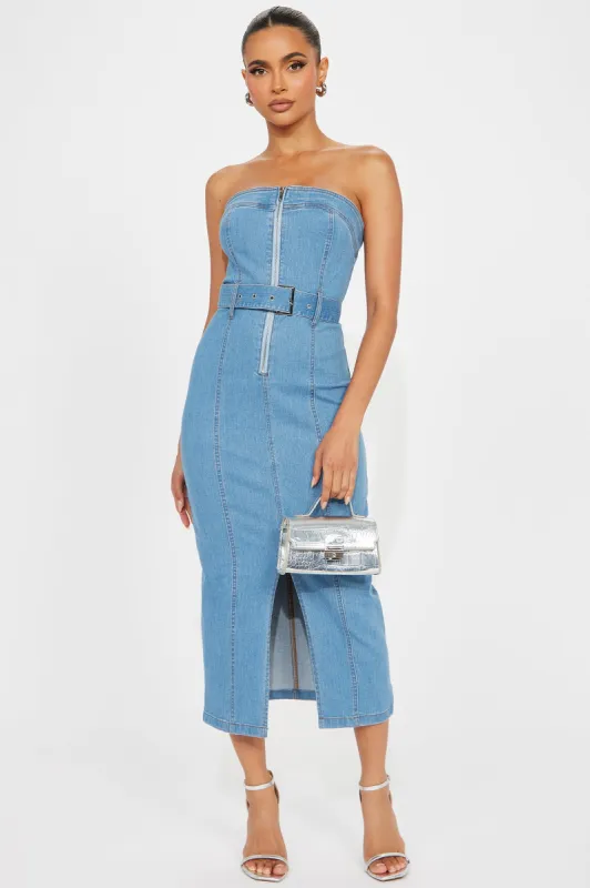 Luna Denim Midi Dress - Light Wash sold by Fashion Nova