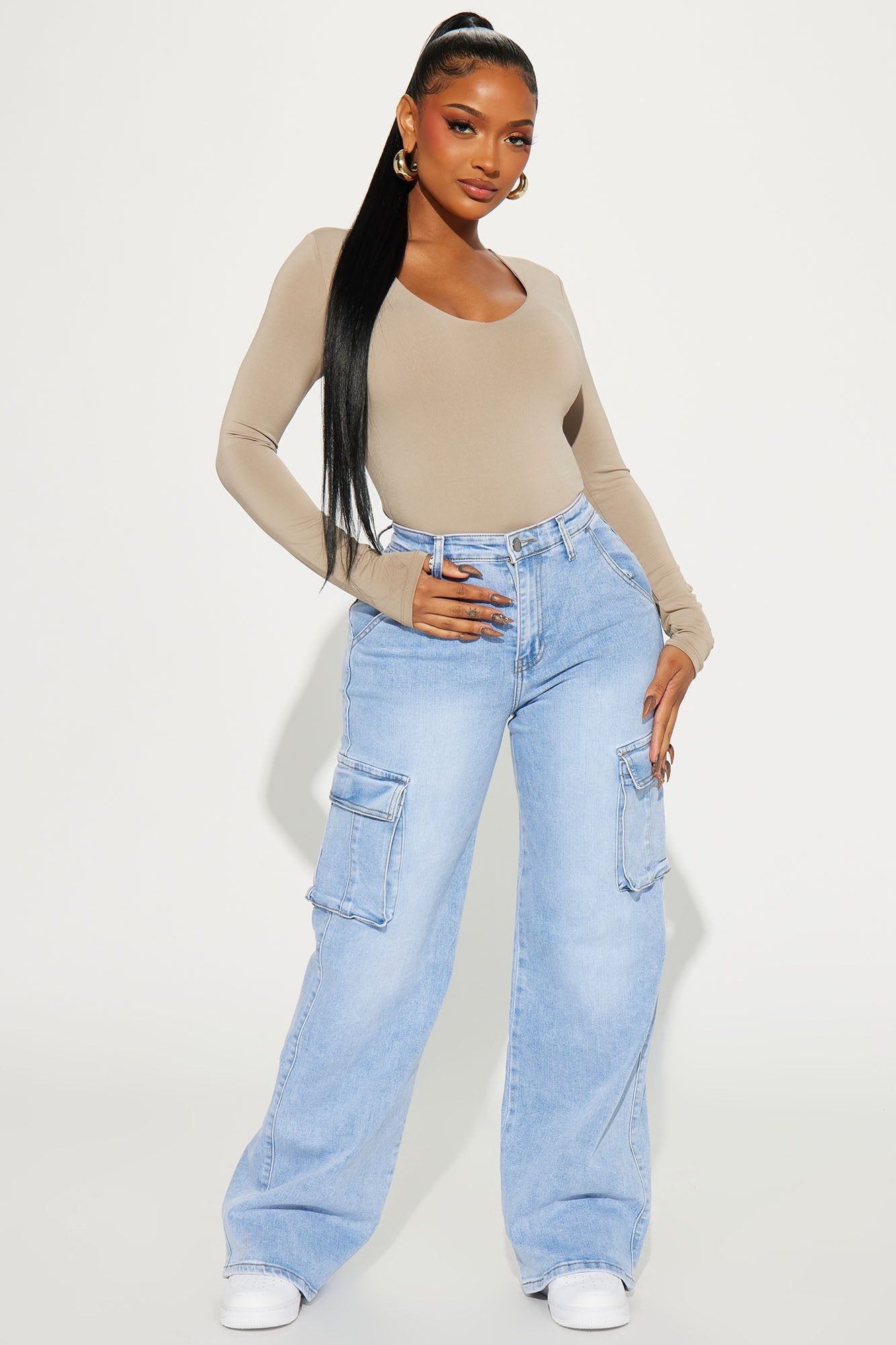 Not That Serious Stretch Cargo Jeans - Light Wash sold by Fashion Nova