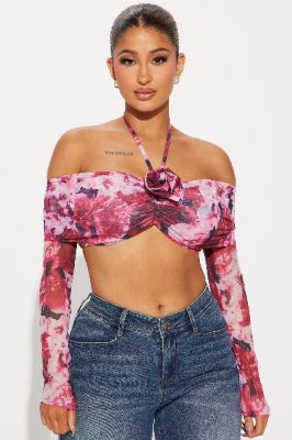 Falling In Love Off Shoulder Top - Red/combo sold by Fashion Nova