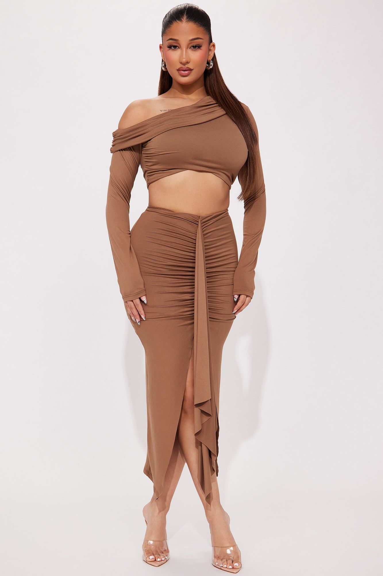 Jenna Off Shoulder Skirt Set - Taupe sold by Fashion Nova