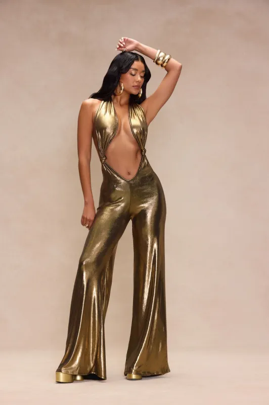 Out Of Range Metallic Jumpsuit - Gold sold by Fashion Nova