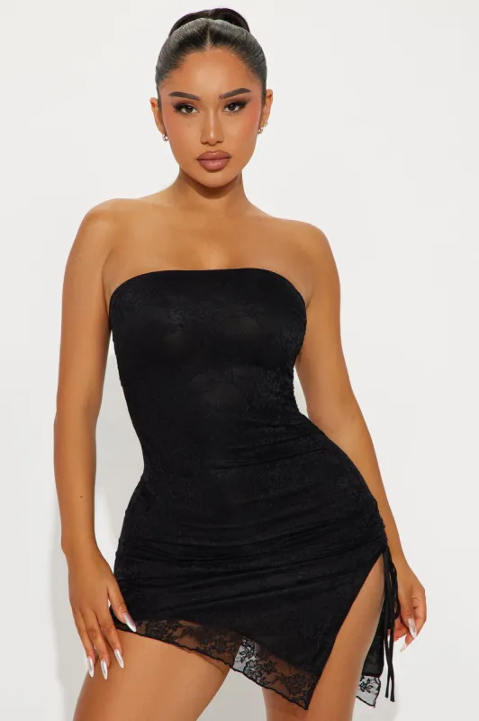 Aia Asymmetrical Lace Mini Dress - Black sold by Fashion Nova