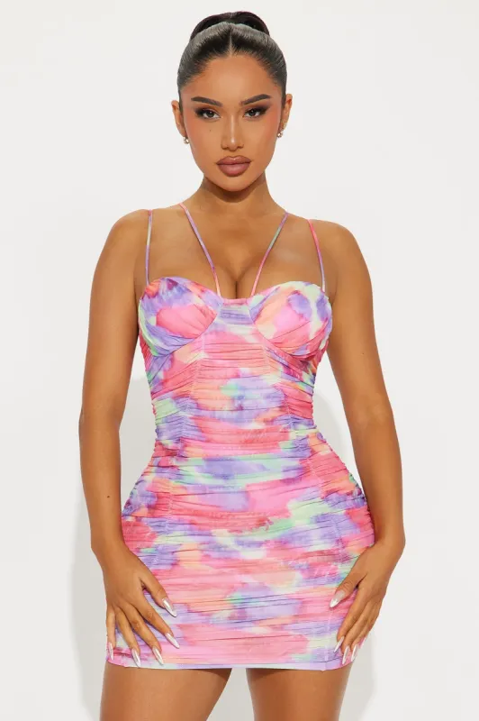 Zoee Ruched Mesh Mini Dress - Pink/combo sold by Fashion Nova