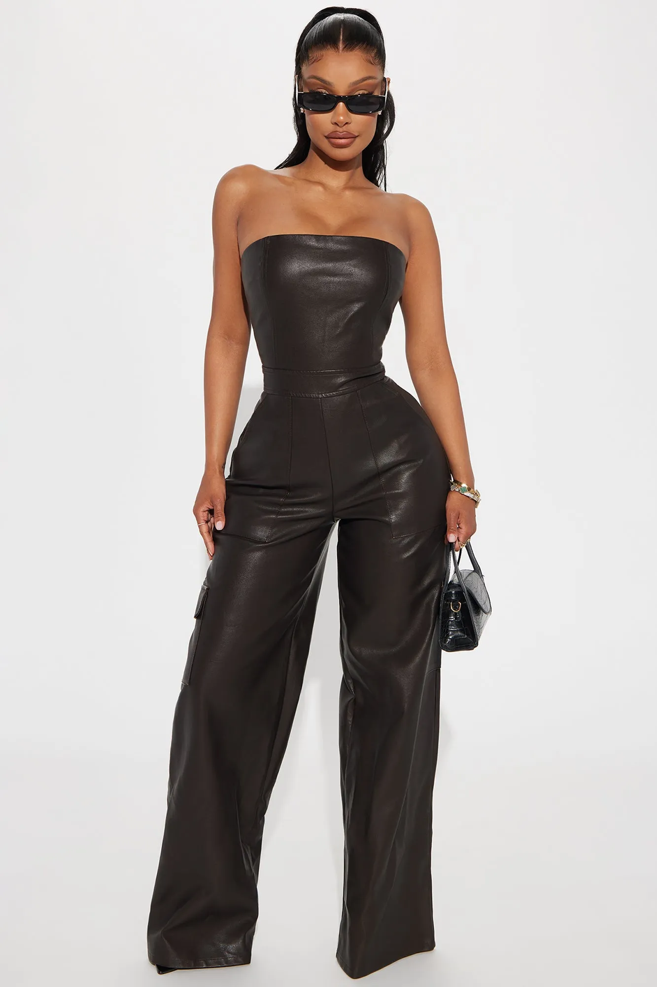 All The Beauty Faux Leather Jumpsuit - Brown sold by Fashion Nova