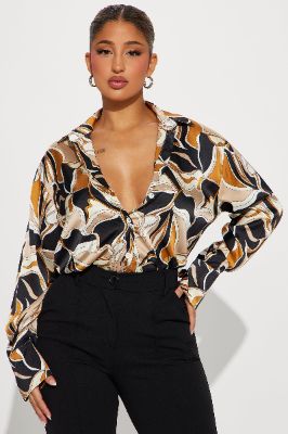 Call It Off Satin Shirt - Black/Brown sold by Fashion Nova