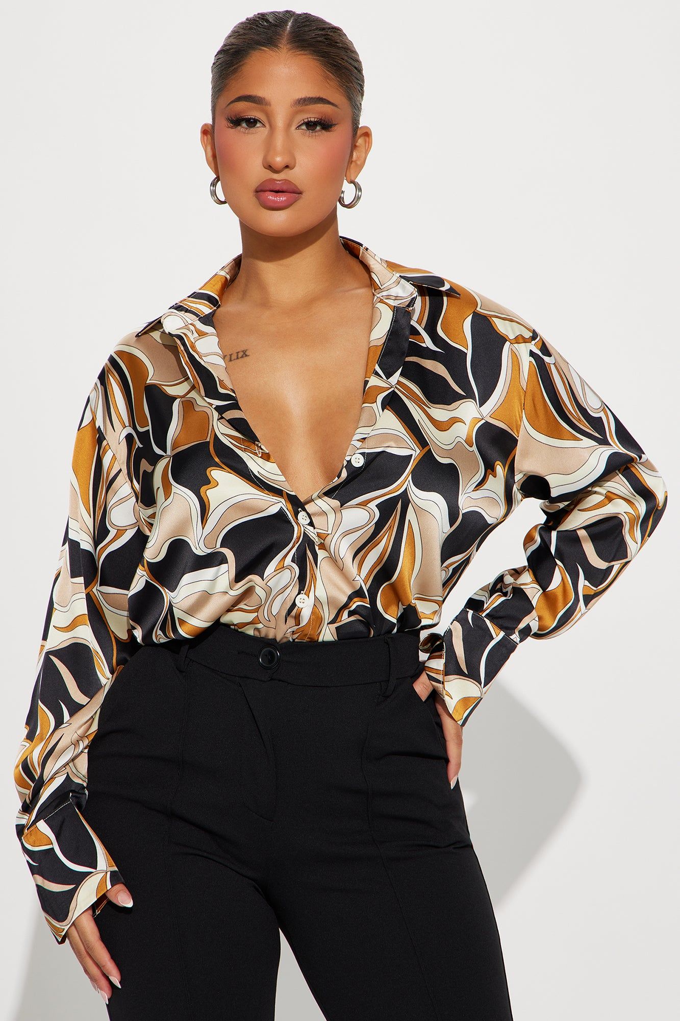 Call It Off Satin Shirt - Black/Brown sold by Fashion Nova