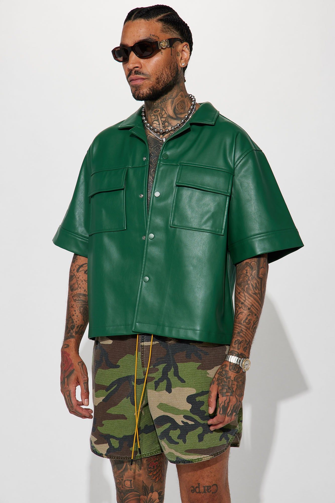 High Stepper Faux Leather Button Up Shirt - Hunter sold by Fashion Nova