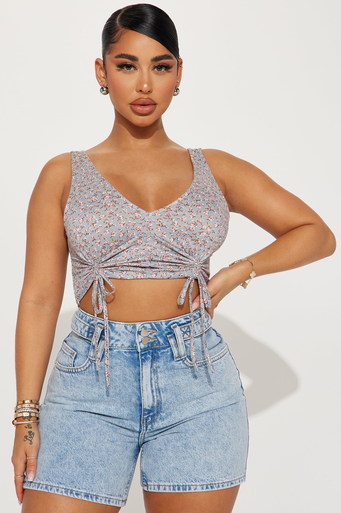 Charolette Floral Top - Dusty Blue sold by Fashion Nova