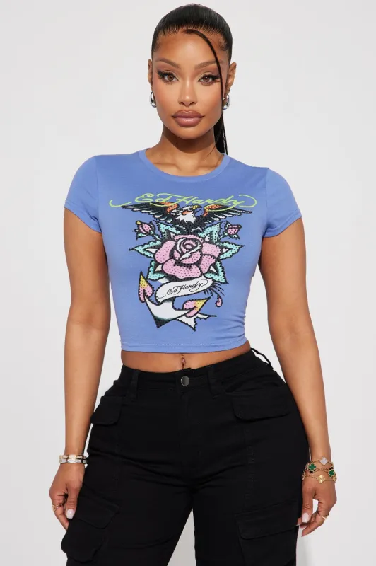 Ed Hardy Eagle Anchor Rhinestone Tee - Blue sold by Fashion Nova