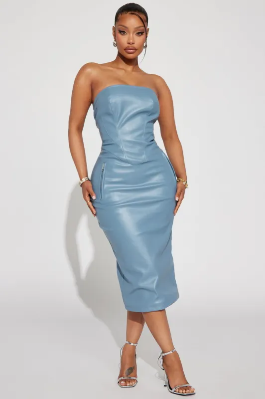 Harley Strapless Faux Leather Midi Dress - Dusty Blue sold by Fashion Nova