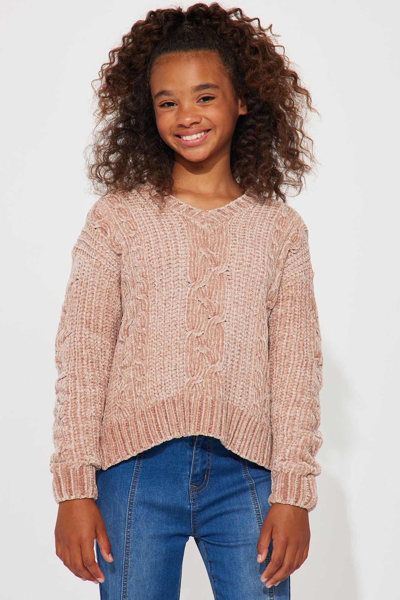 Mini Chenille V Neck Cable Stitch Sweater - Taupe sold by Fashion Nova