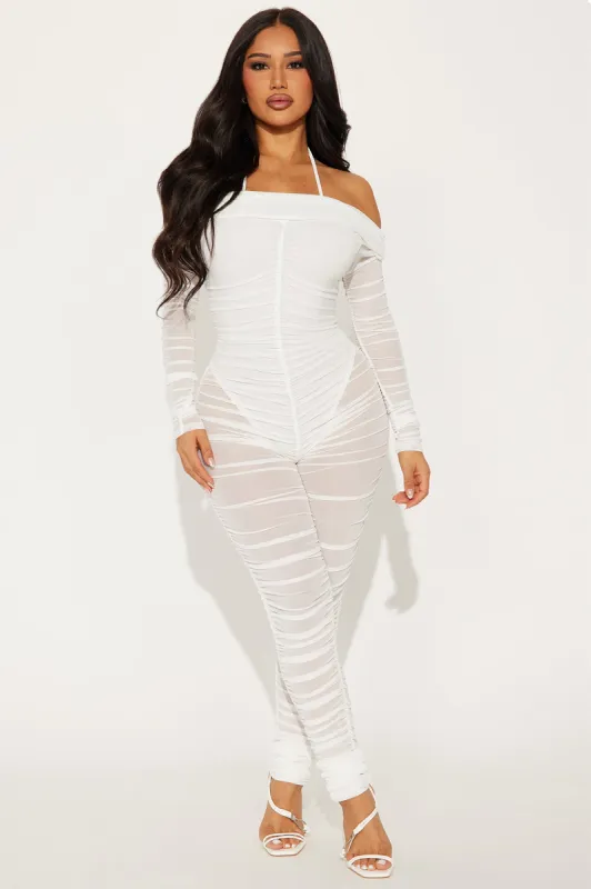 Highly Favored Mesh Jumpsuit - White sold by Fashion Nova