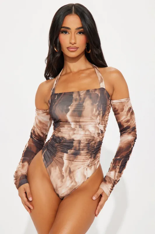 Best Interest Mesh Bodysuit - Brown/combo sold by Fashion Nova