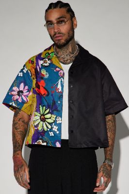 Volos Split Cropped Shirt - Navy/Multi sold by Fashion Nova