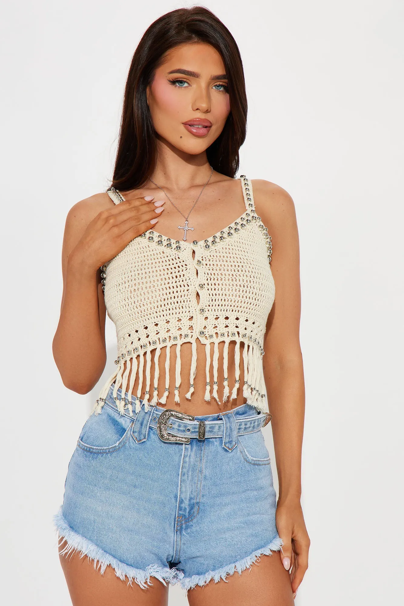 Island Vibes Beaded Crochet Top - Cream/combo sold by Fashion Nova