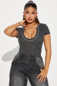 Keaton Short Sleeve Bodysuit - Charcoal sold by Fashion Nova