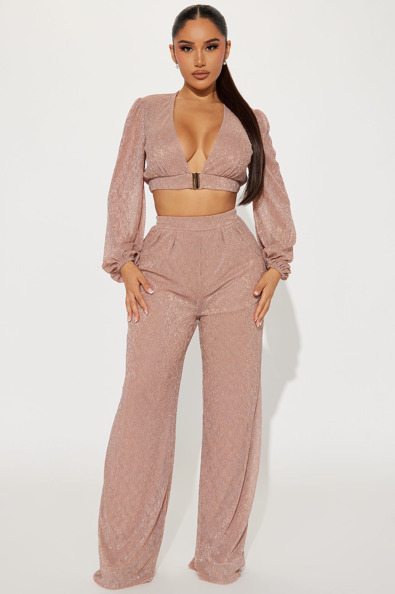 Glam Babe Metallic Pant Set - Blush sold by Fashion Nova
