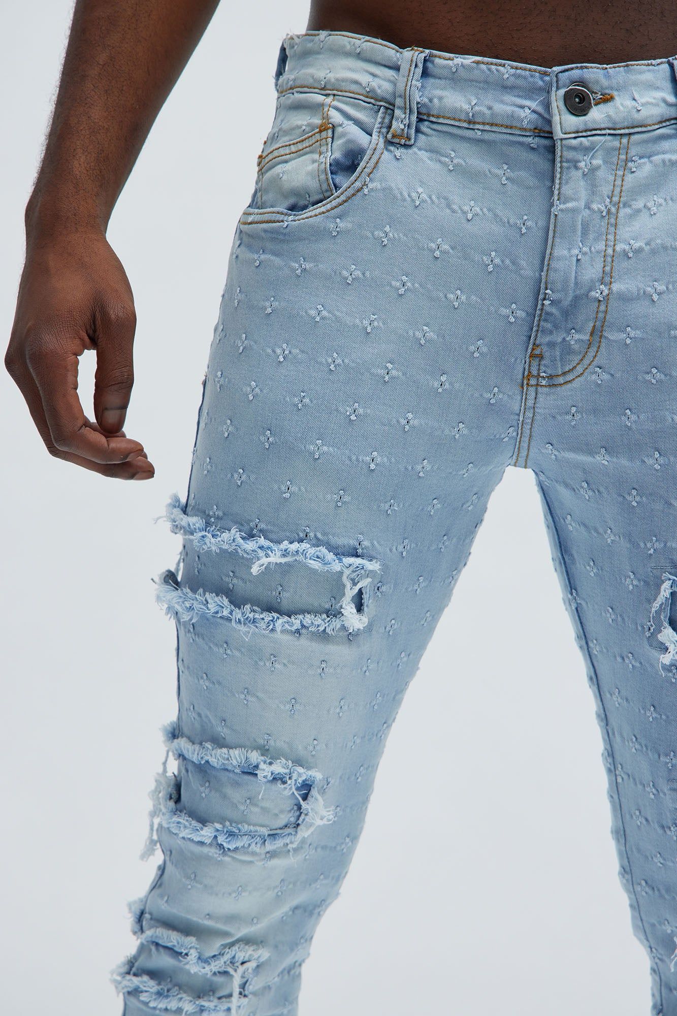 With Me Distressed Jacquard Skinny Jeans - Light Blue Wash sold by Fashion Nova product image thumbnail 4