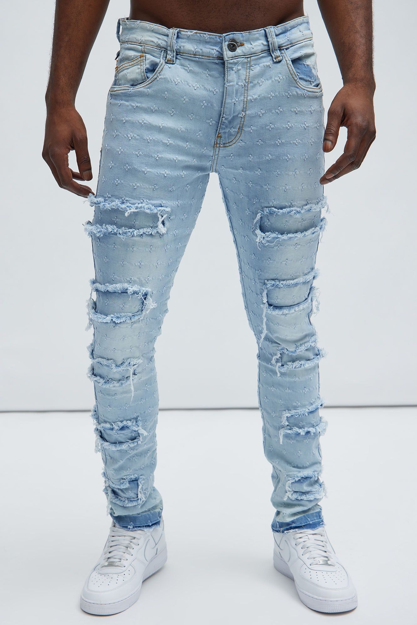 With Me Distressed Jacquard Skinny Jeans - Light Blue Wash sold by Fashion Nova
