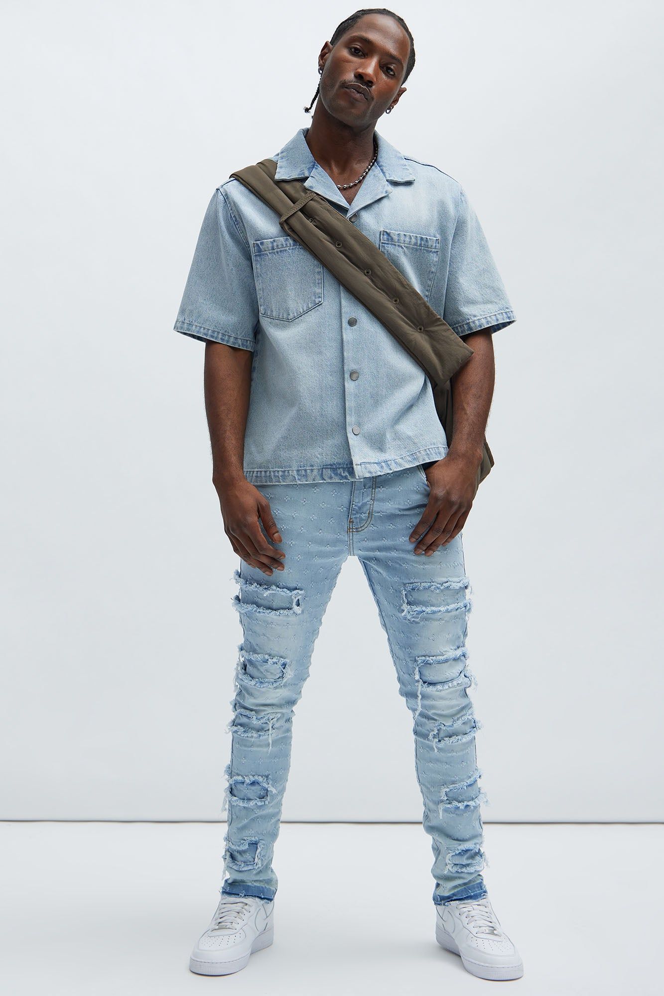 With Me Distressed Jacquard Skinny Jeans - Light Blue Wash sold by Fashion Nova product image thumbnail 2