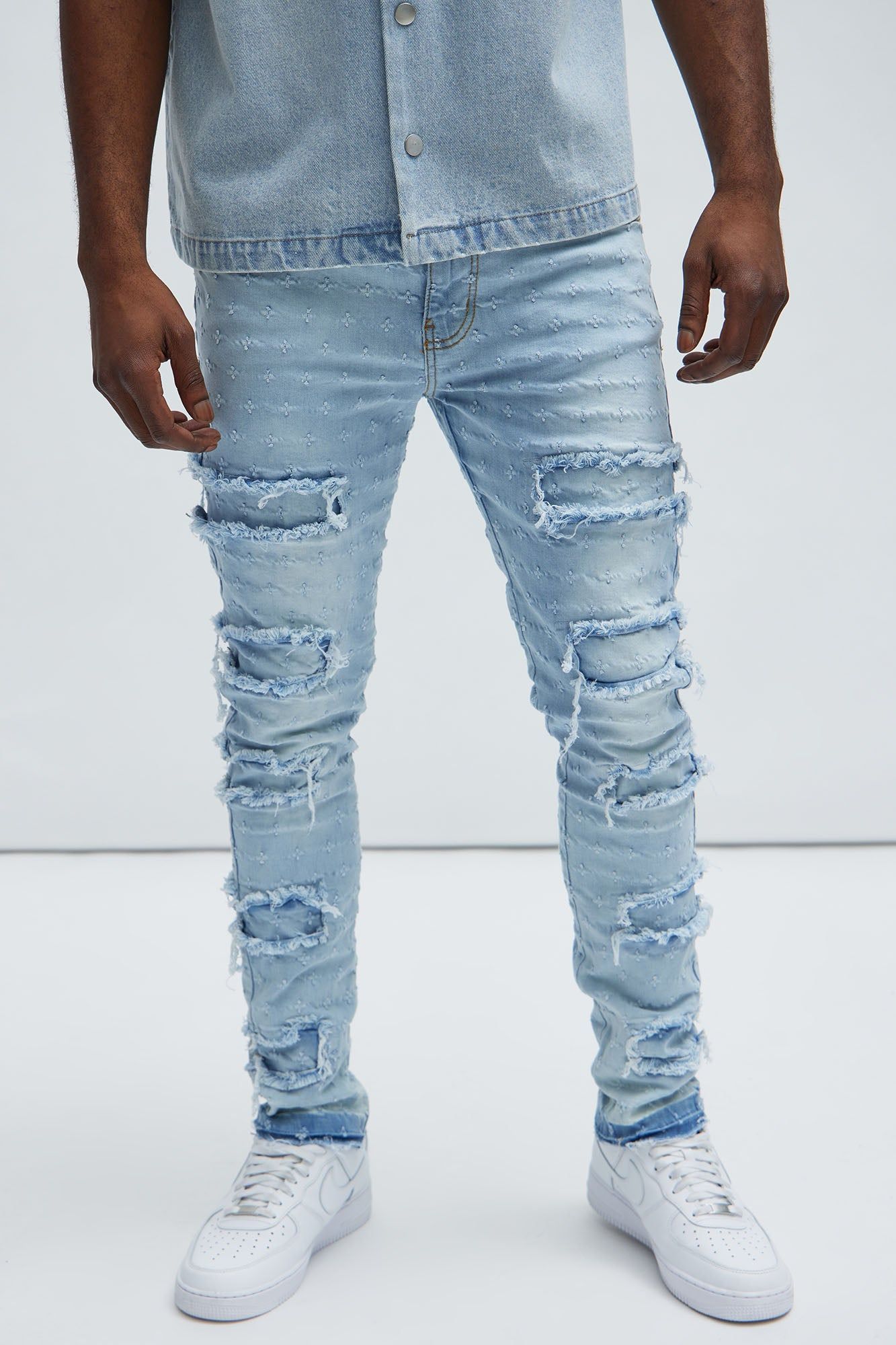 With Me Distressed Jacquard Skinny Jeans - Light Blue Wash sold by Fashion Nova product image thumbnail 3