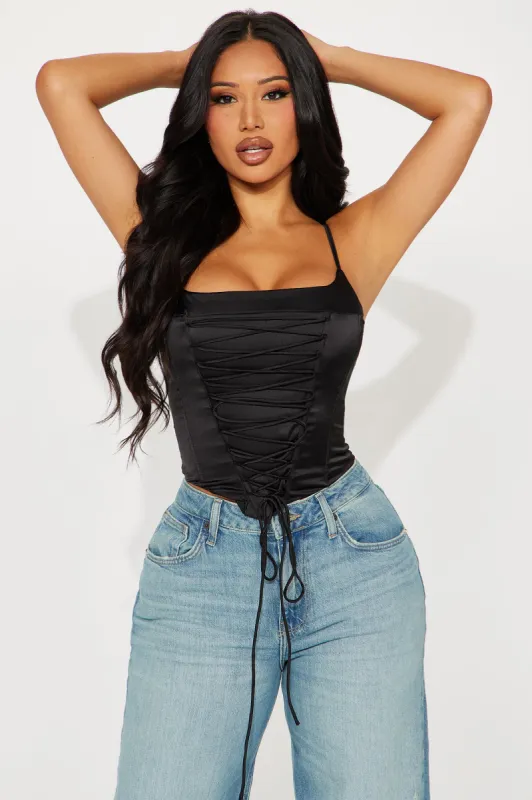 Margot Satin Corset Top - Black sold by Fashion Nova