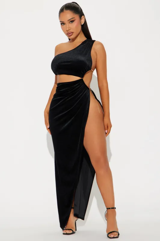 Monique High Slit Velvet Maxi Dress - Black sold by Fashion Nova