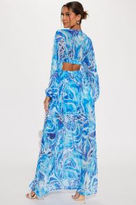 Villa Vacation Chiffon Maxi Dress - Blue/combo sold by Fashion Nova