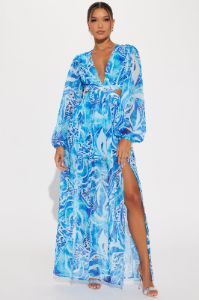 Villa Vacation Chiffon Maxi Dress - Blue/combo sold by Fashion Nova