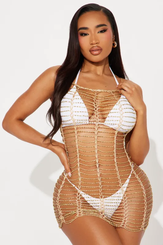 Kahlani Beaded Crochet Cover Up Dress - Gold sold by Fashion Nova