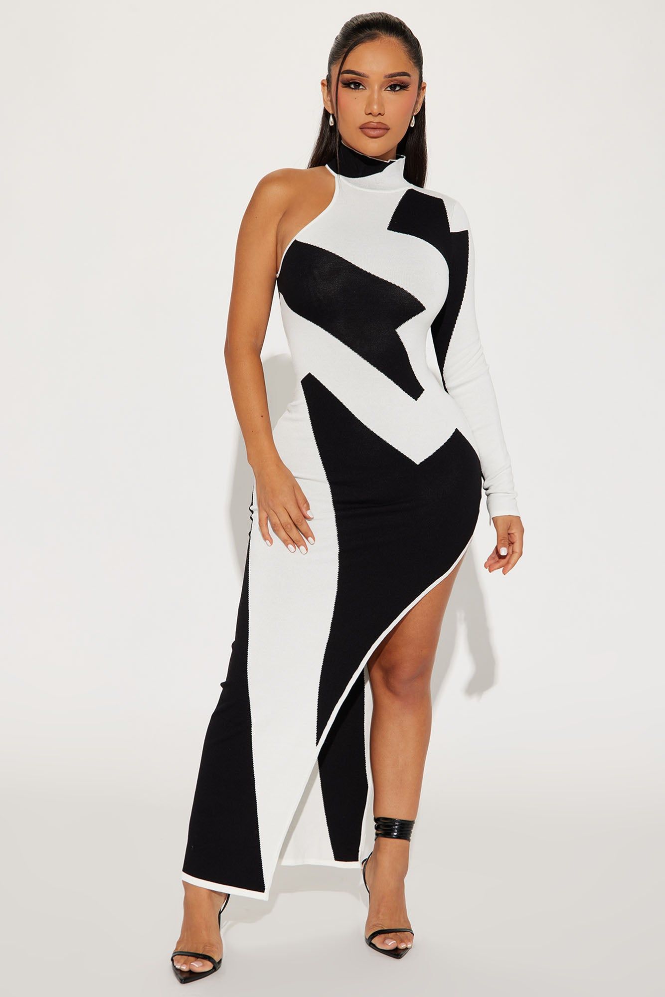 Abstract One Shoulder Maxi Dress - Black/White sold by Fashion Nova
