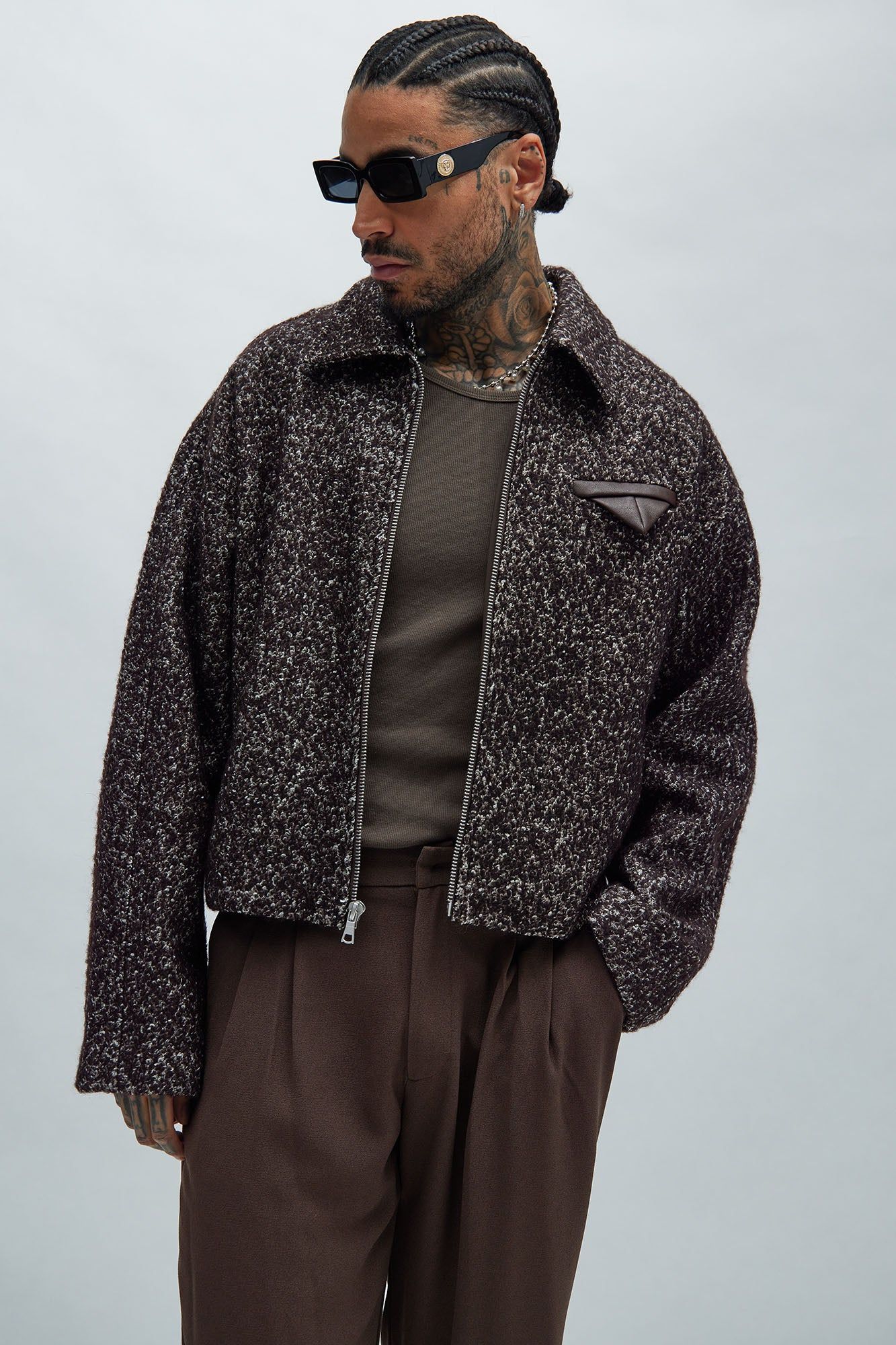 Clarkson Textured Cropped Jacket - Brown/combo sold by Fashion Nova