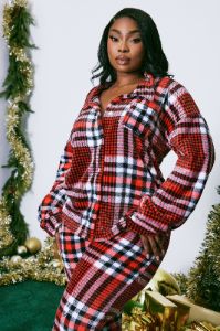 Christmas Is Coming Plush PJ Pant Set - Red/combo sold by Fashion Nova