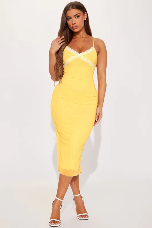 You're Darling Mesh Midi Dress - Yellow sold by Fashion Nova