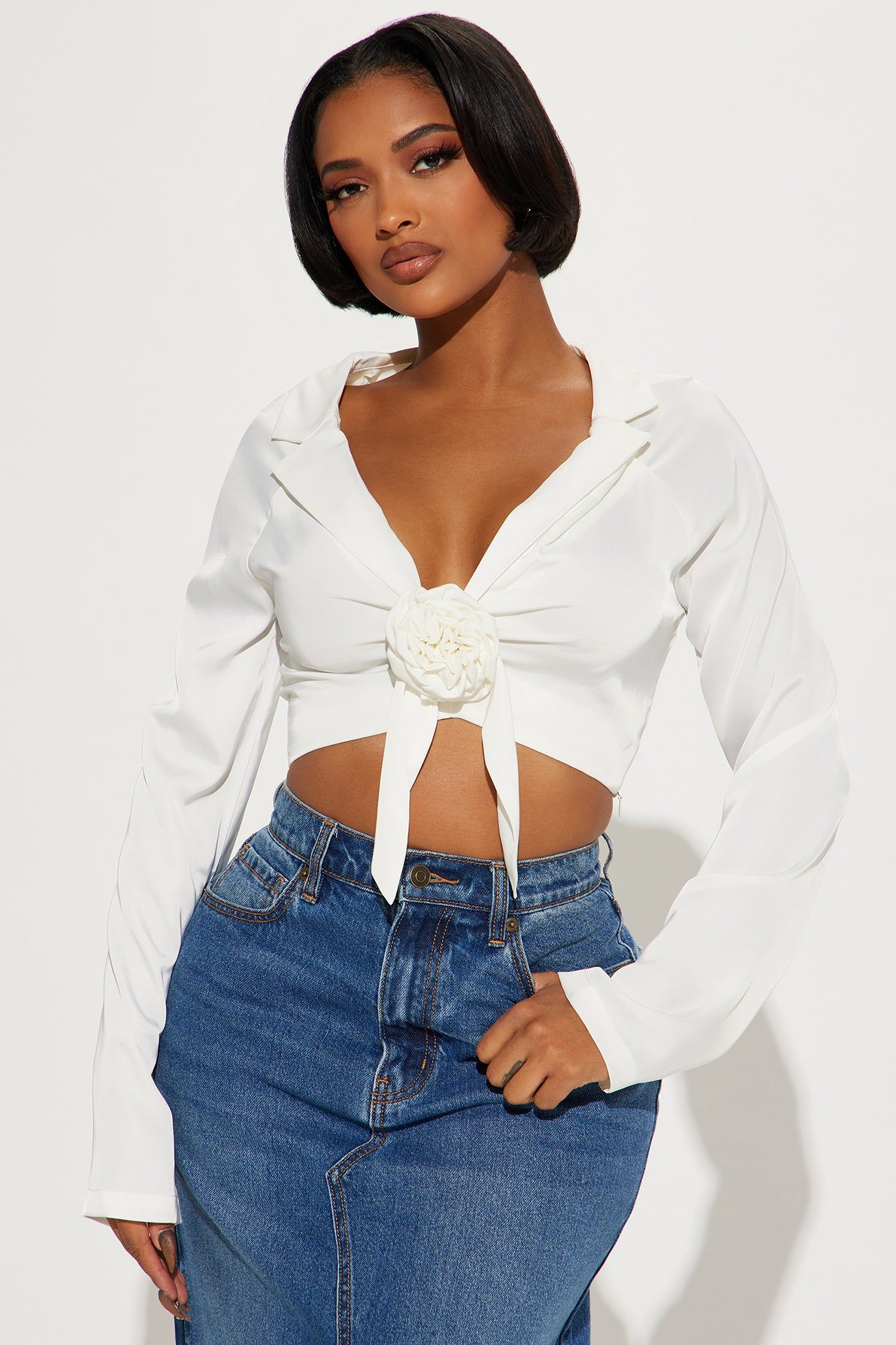 Park Picnic Satin Blouse Top - White sold by Fashion Nova