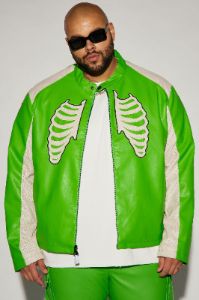 Bones Faux Leather Motocross Jacket - Green sold by Fashion Nova