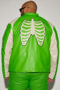 Bones Faux Leather Motocross Jacket - Green sold by Fashion Nova