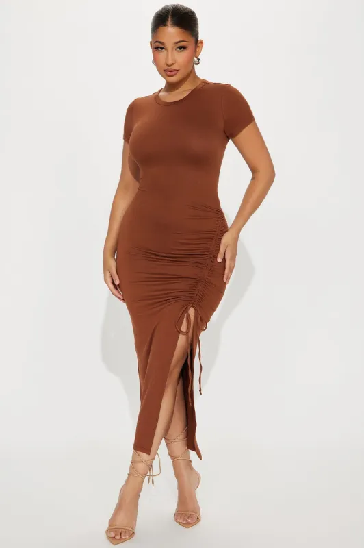 Dani Ruched Maxi Dress - Chocolate sold by Fashion Nova