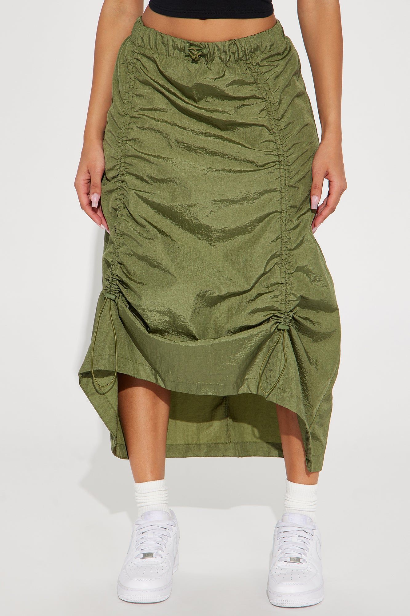 Breakaway Ruched Parachute Midi Skirt - Olive sold by Fashion Nova product image thumbnail 2