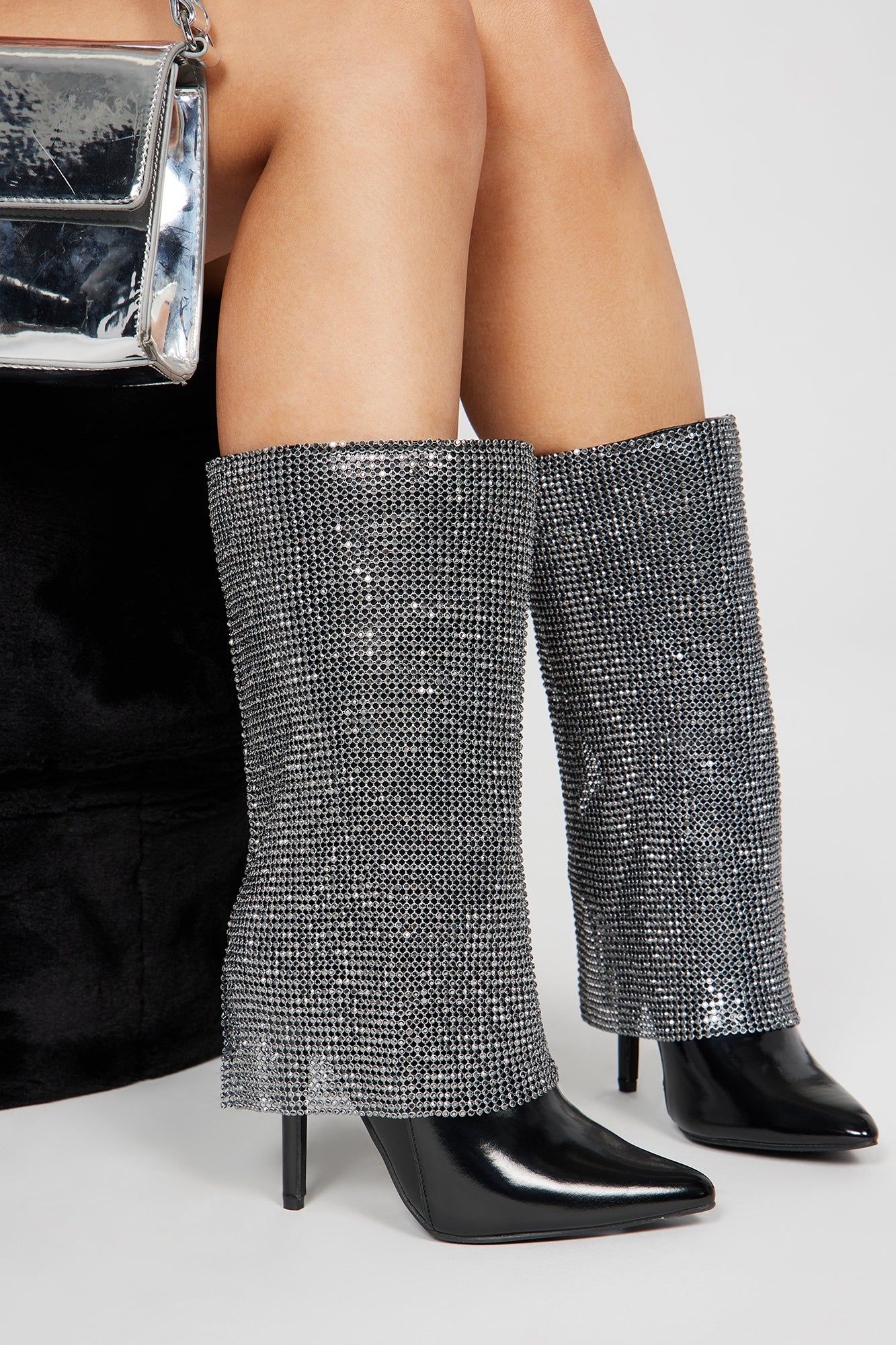 Demi Embellished Overlay Knee High Boots - Black sold by Fashion Nova