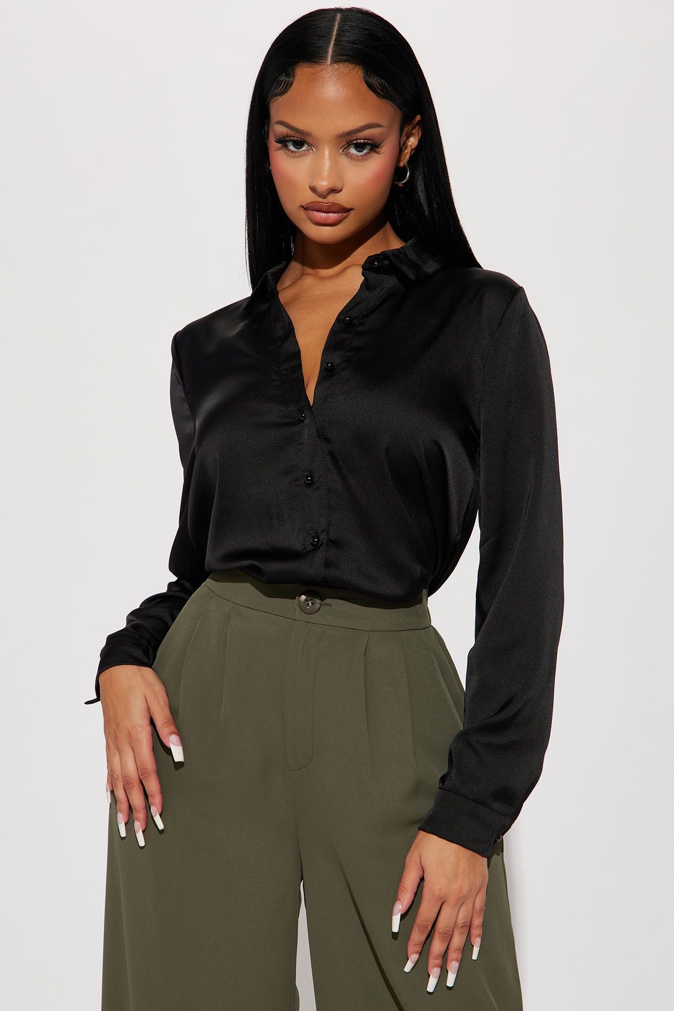 On Time Satin Shirt - Black sold by Fashion Nova
