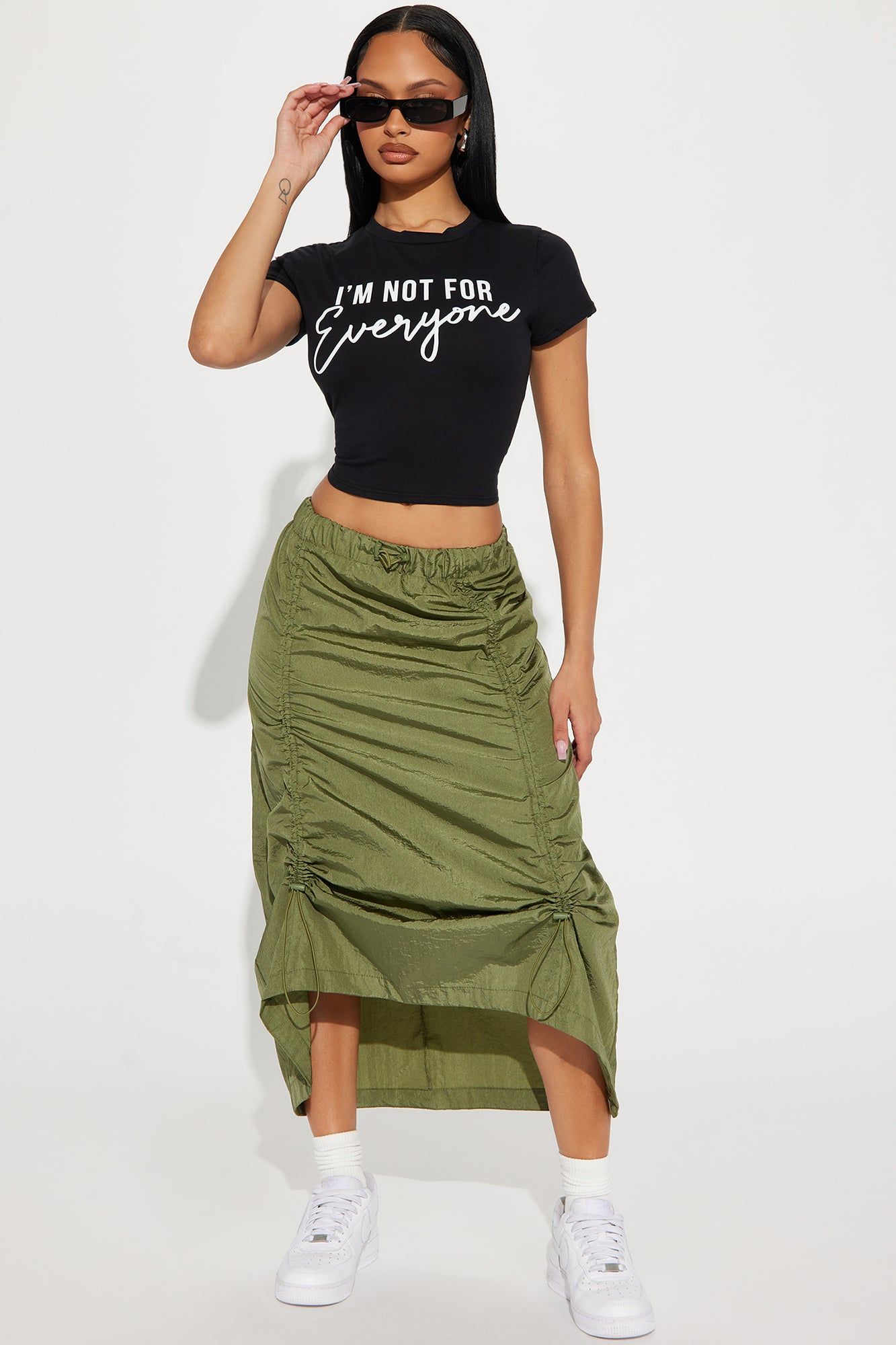 Breakaway Ruched Parachute Midi Skirt - Olive sold by Fashion Nova